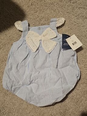 Blue & White Striped Baby Bubble Romper with Eyelet Bow